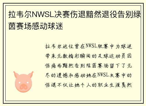 拉韦尔NWSL决赛伤退黯然退役告别绿茵赛场感动球迷 拉韦尔NWSL决赛伤退黯然退役告别绿茵赛场感动球迷